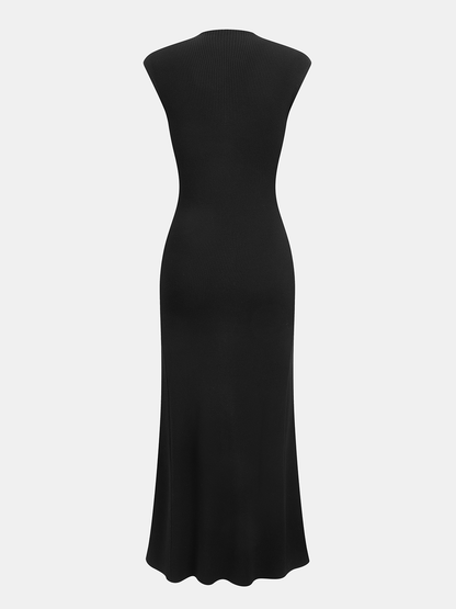 Button Detail Cap Sleeve Rib Knit Maxi Dress