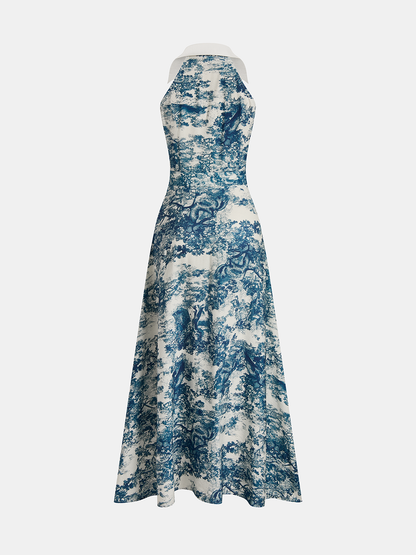 Toile Print Buttoned Collared Maxi Dress