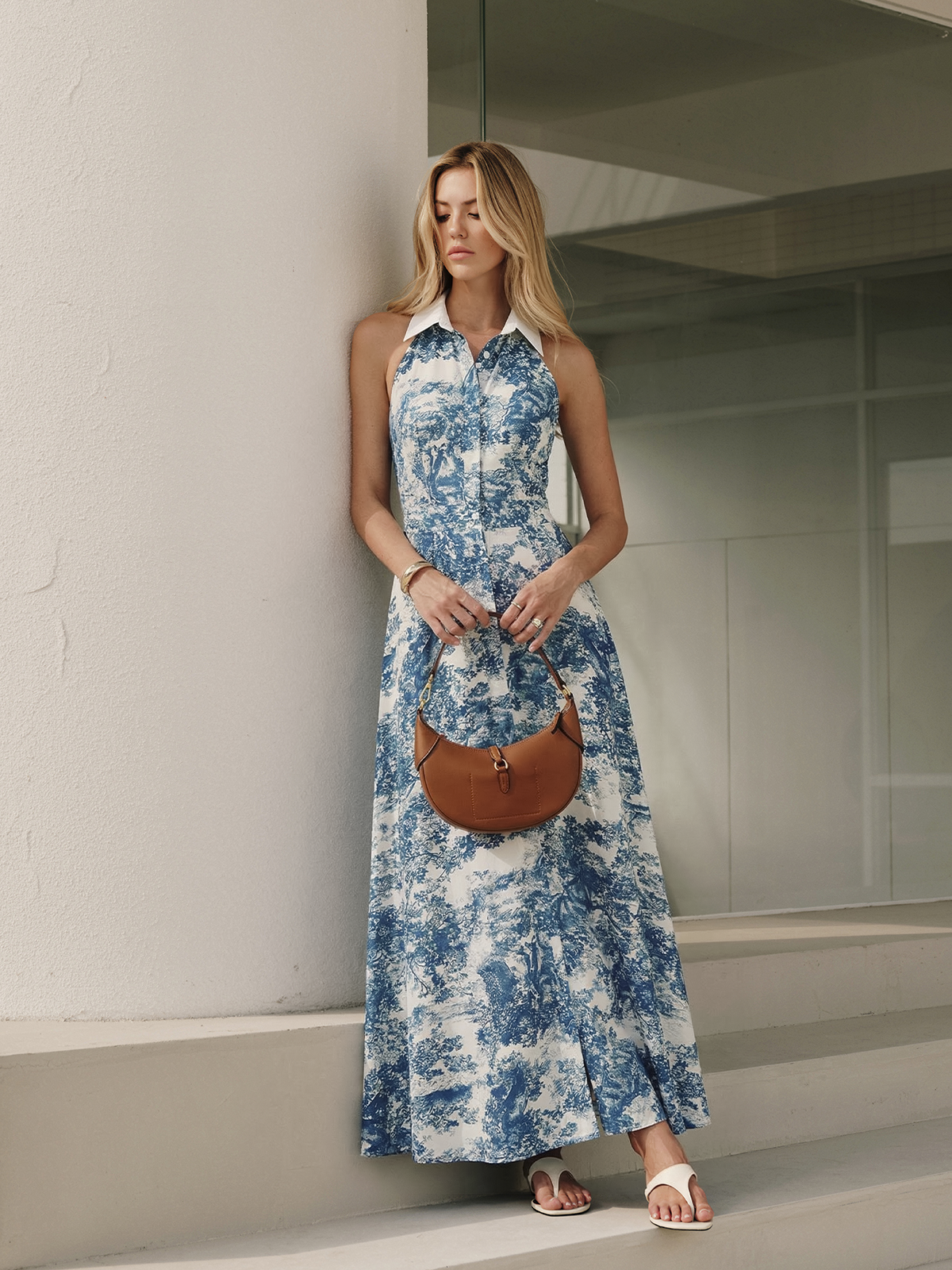 Toile Print Buttoned Collared Maxi Dress