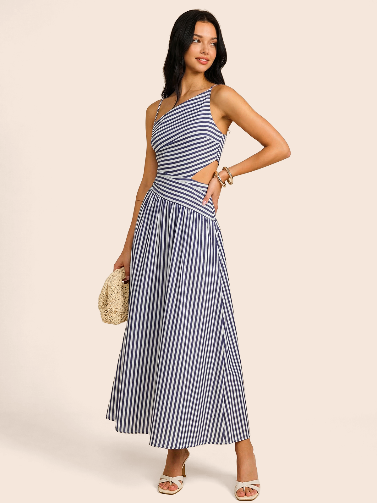 Striped Cut-Out Asymmetric Cami Maxi Dress