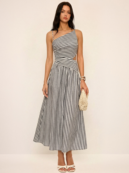 Striped Cut-Out Asymmetric Cami Maxi Dress