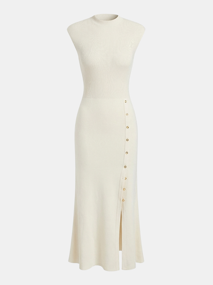Button Detail Cap Sleeve Rib Knit Maxi Dress