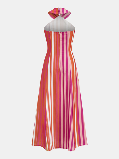 Striped Cross Halter Maxi Dress