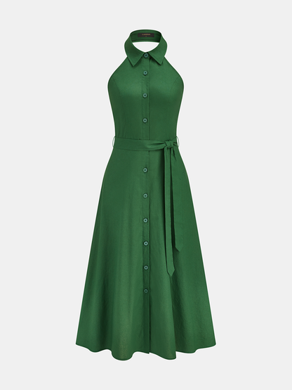 Belted Cotton Linen Halter Shirt Maxi Dress