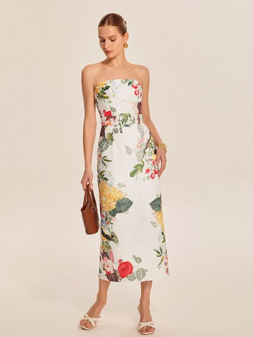 Strapless Belted Floral Print Maxi Dress