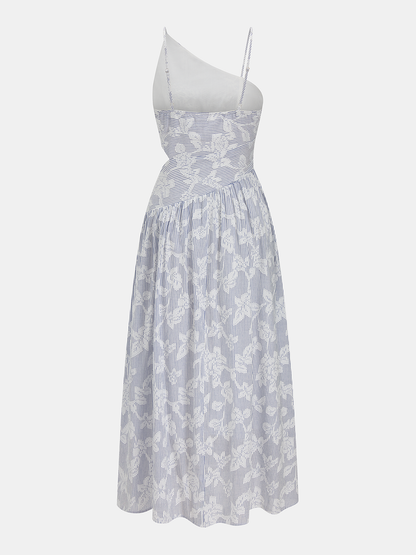 Asymmetric Striped Floral Embroidery Maxi Dress