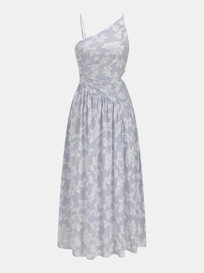 Asymmetric Striped Floral Embroidery Maxi Dress