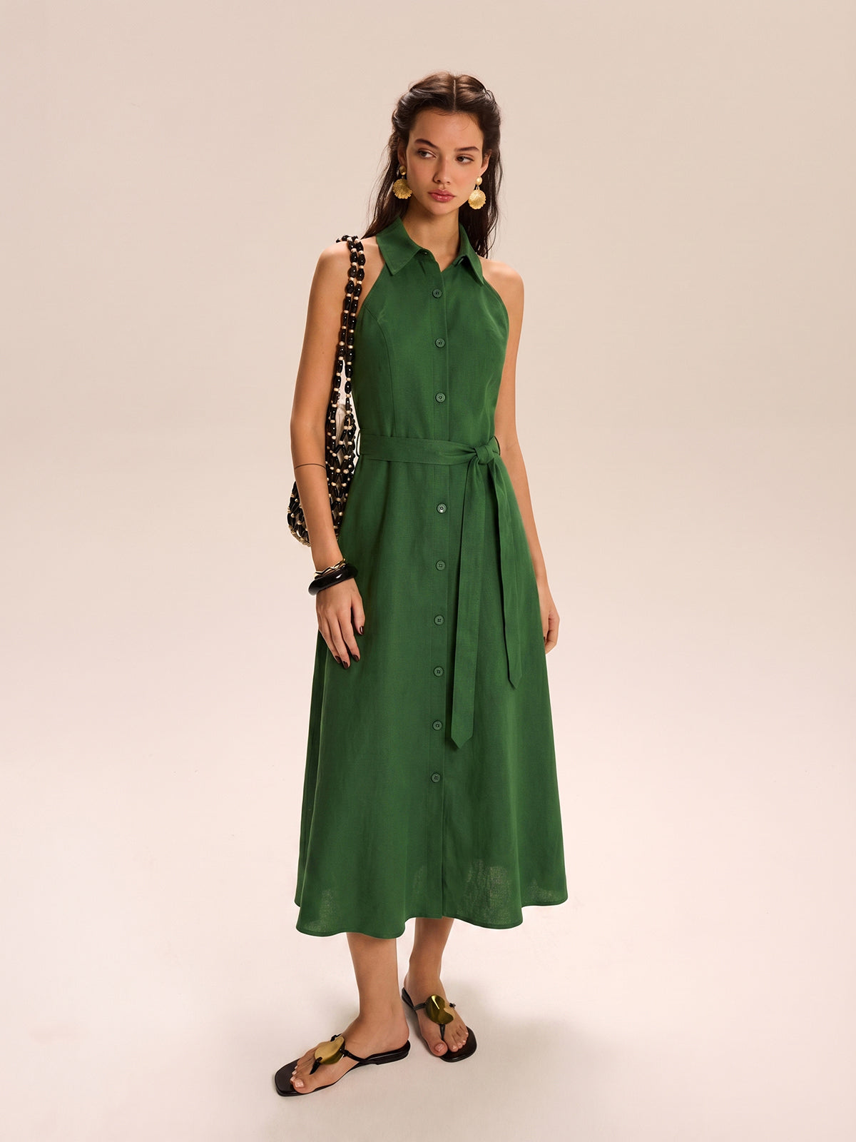 Belted Cotton Linen Halter Shirt Maxi Dress