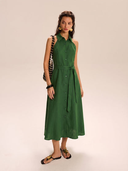 Belted Cotton Linen Halter Shirt Maxi Dress
