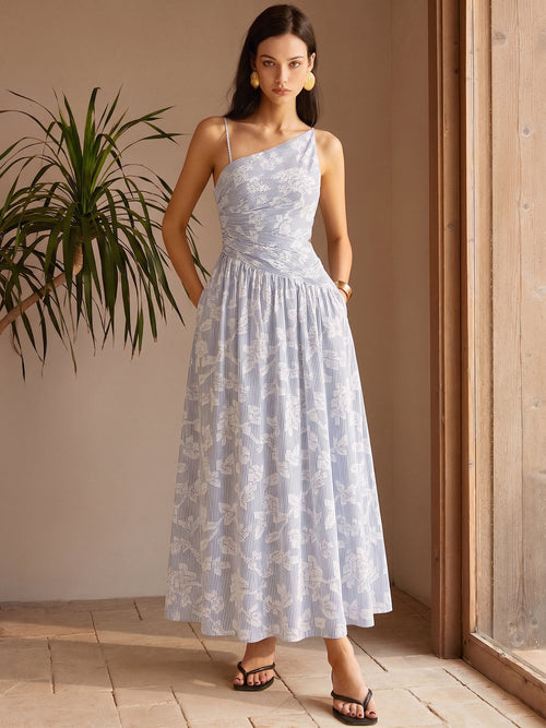 Asymmetric Striped Floral Embroidery Maxi Dress
