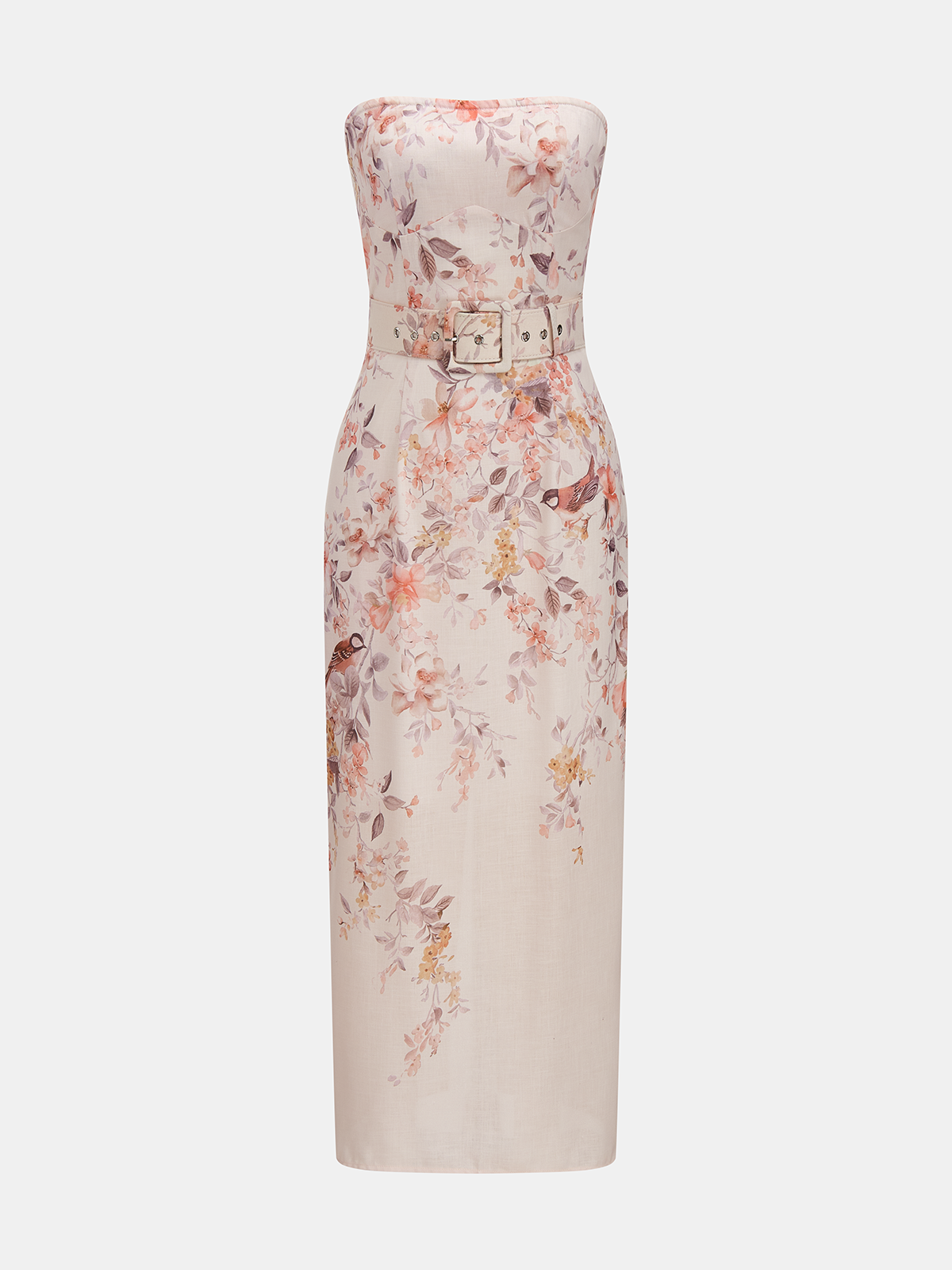 Strapless Belted Floral Print Maxi Dress