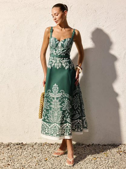 Baroque Floral Print Belted Cami Maxi Dress