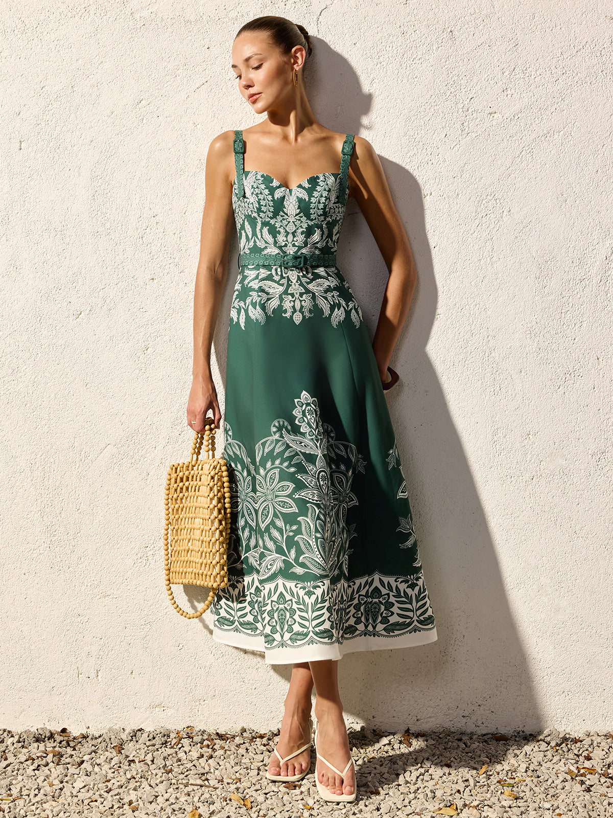 Baroque Floral Print Belted Cami Maxi Dress