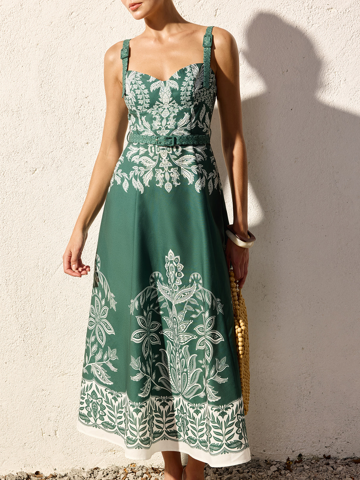 Baroque Floral Print Belted Cami Maxi Dress