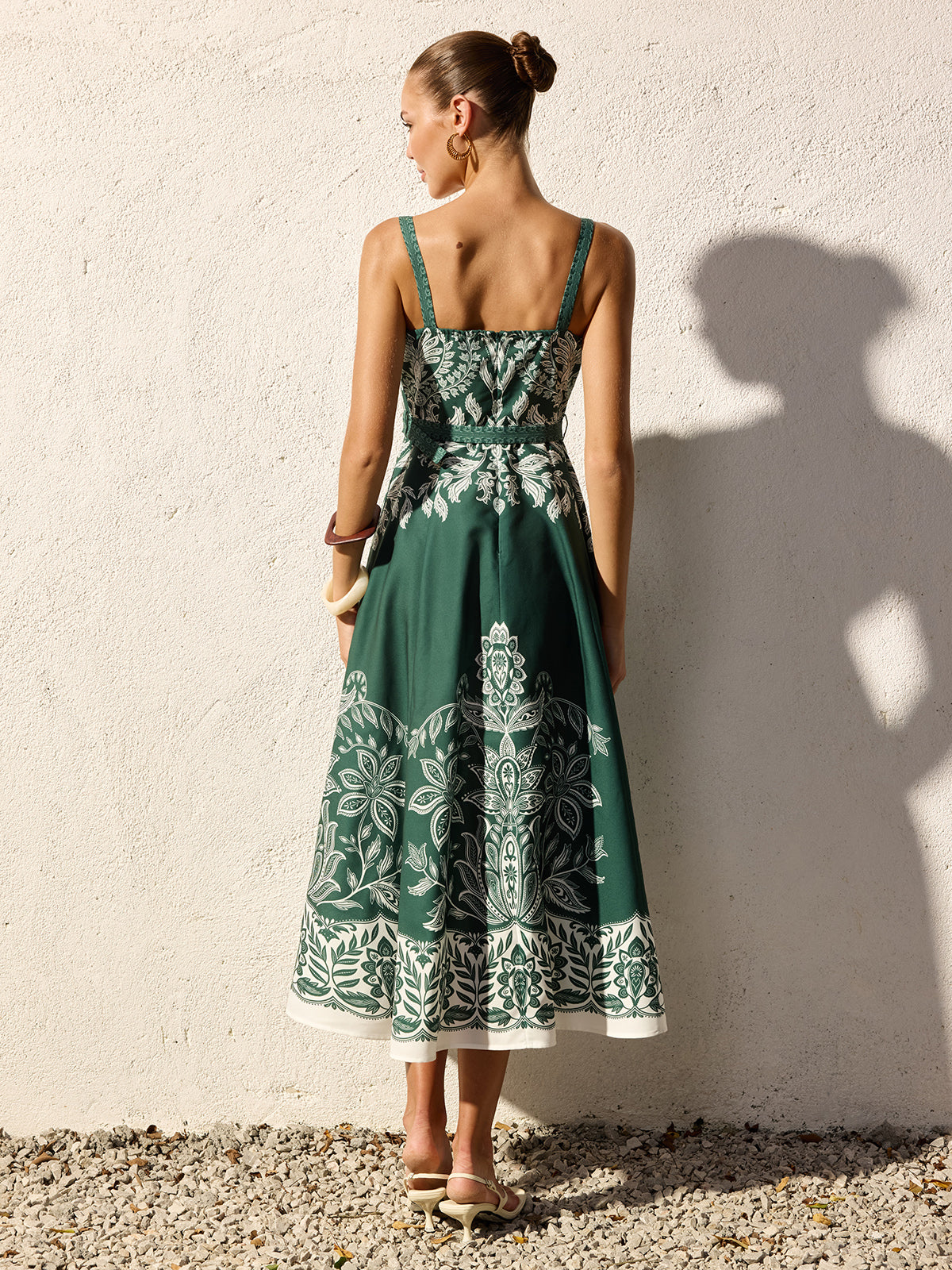 Baroque Floral Print Belted Cami Maxi Dress
