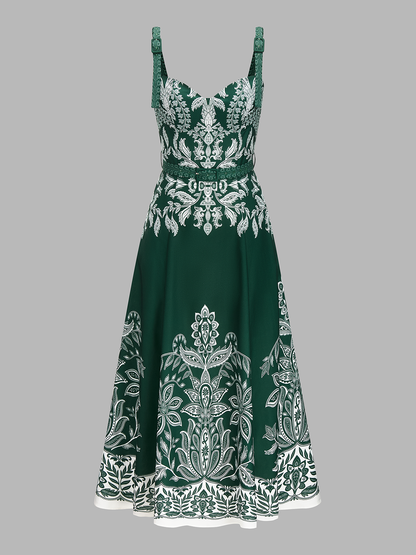Baroque Floral Print Belted Cami Maxi Dress