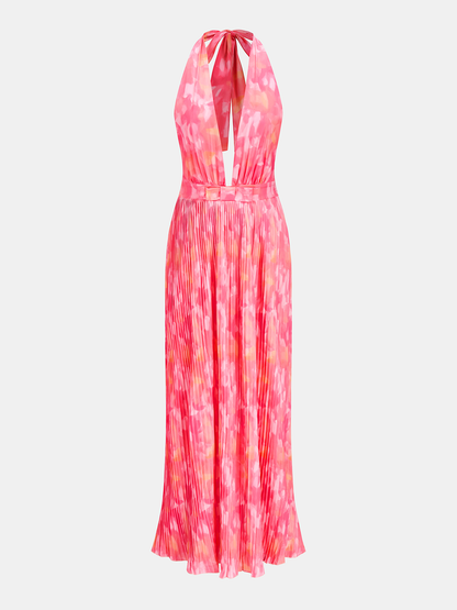 Watercolor Print Pleated Halter Maxi Dress