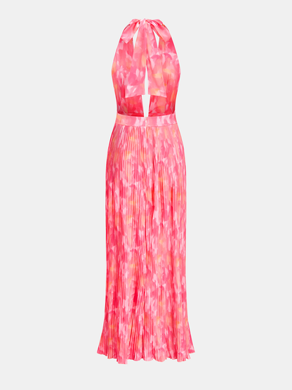 Watercolor Print Pleated Halter Maxi Dress