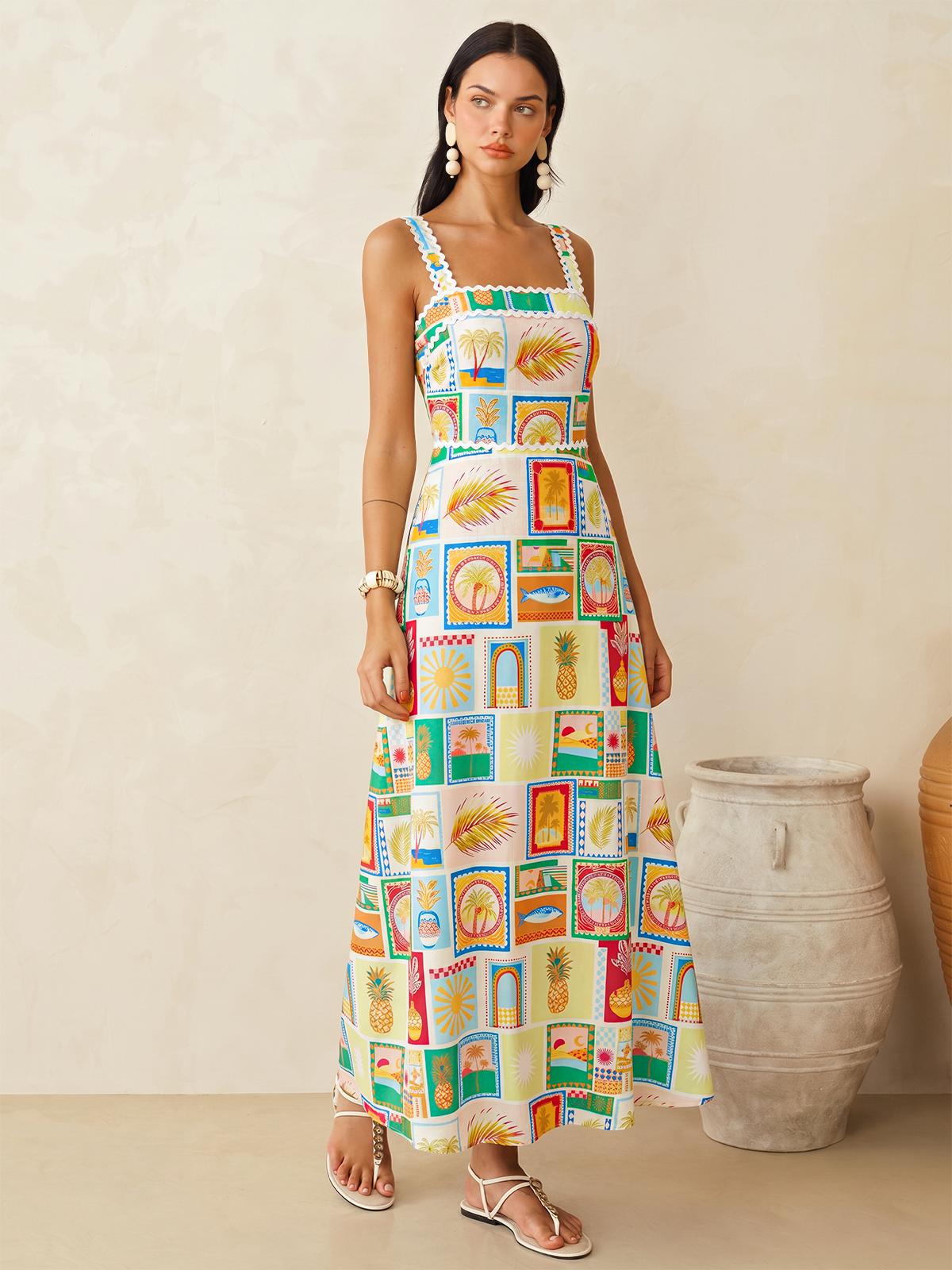 Tropical Printed Strappy Maxi Dress