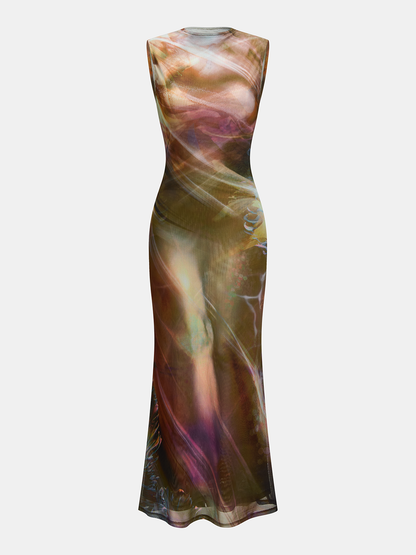 Abstract Watercolor Print Mesh Maxi Dress