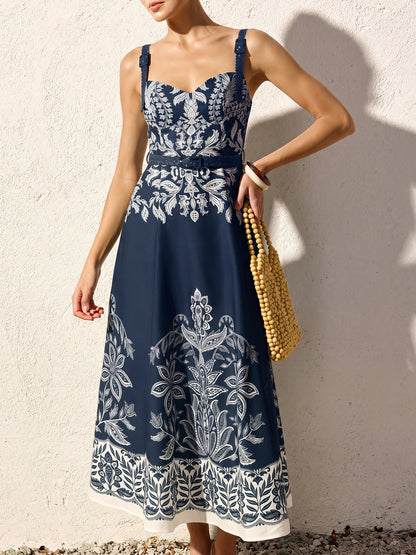 Baroque Floral Print Belted Cami Maxi Dress