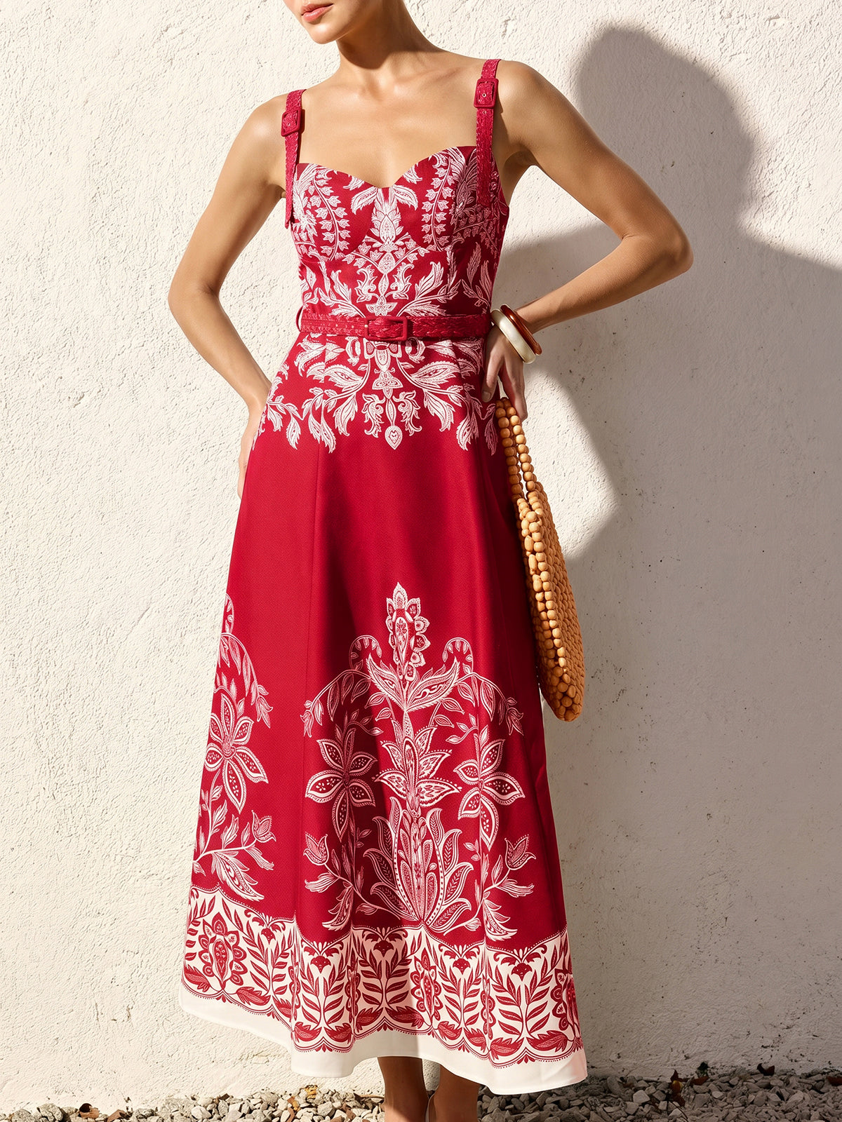 Baroque Floral Print Belted Cami Maxi Dress