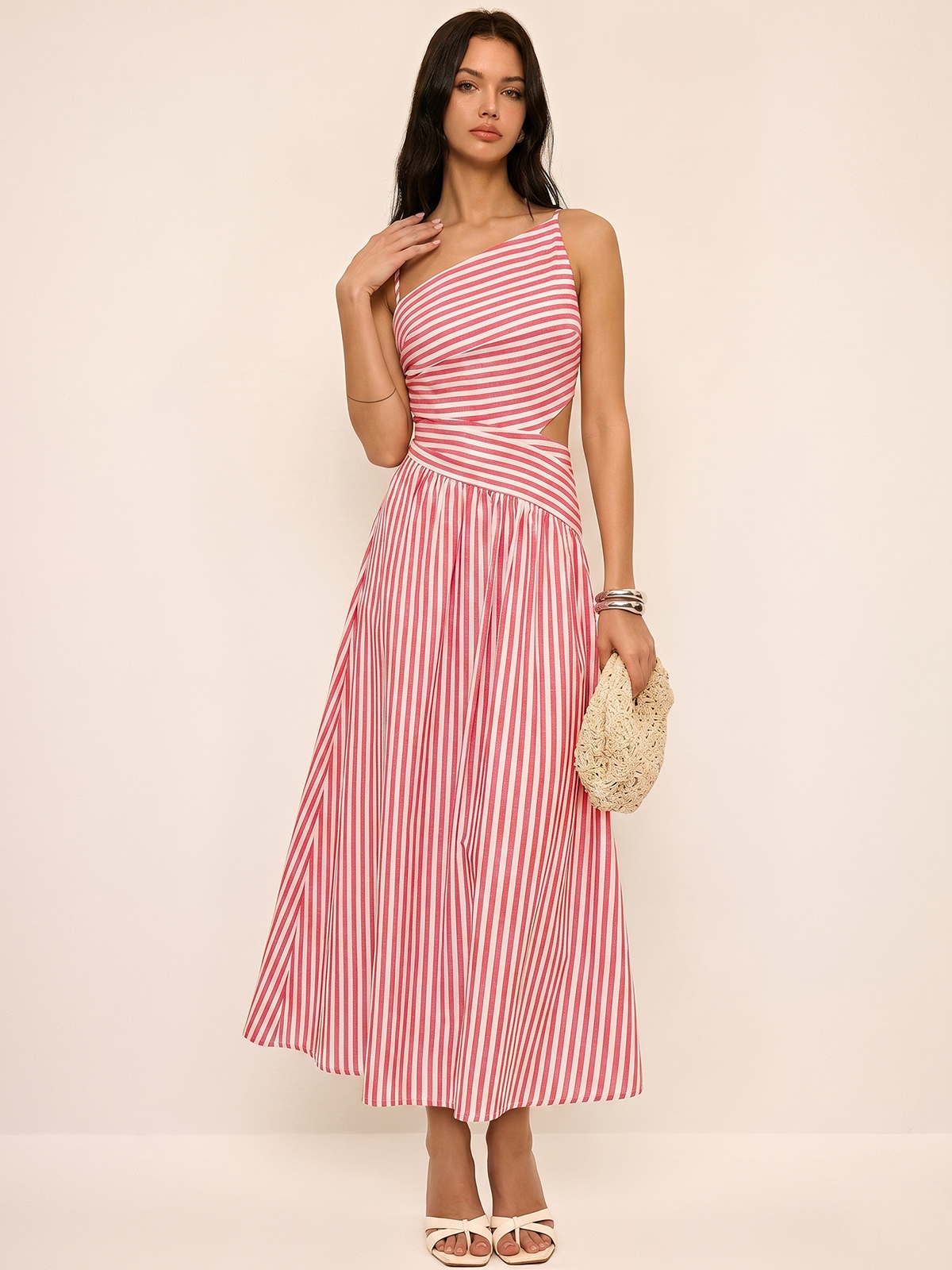 Striped Cut-Out Asymmetric Cami Maxi Dress