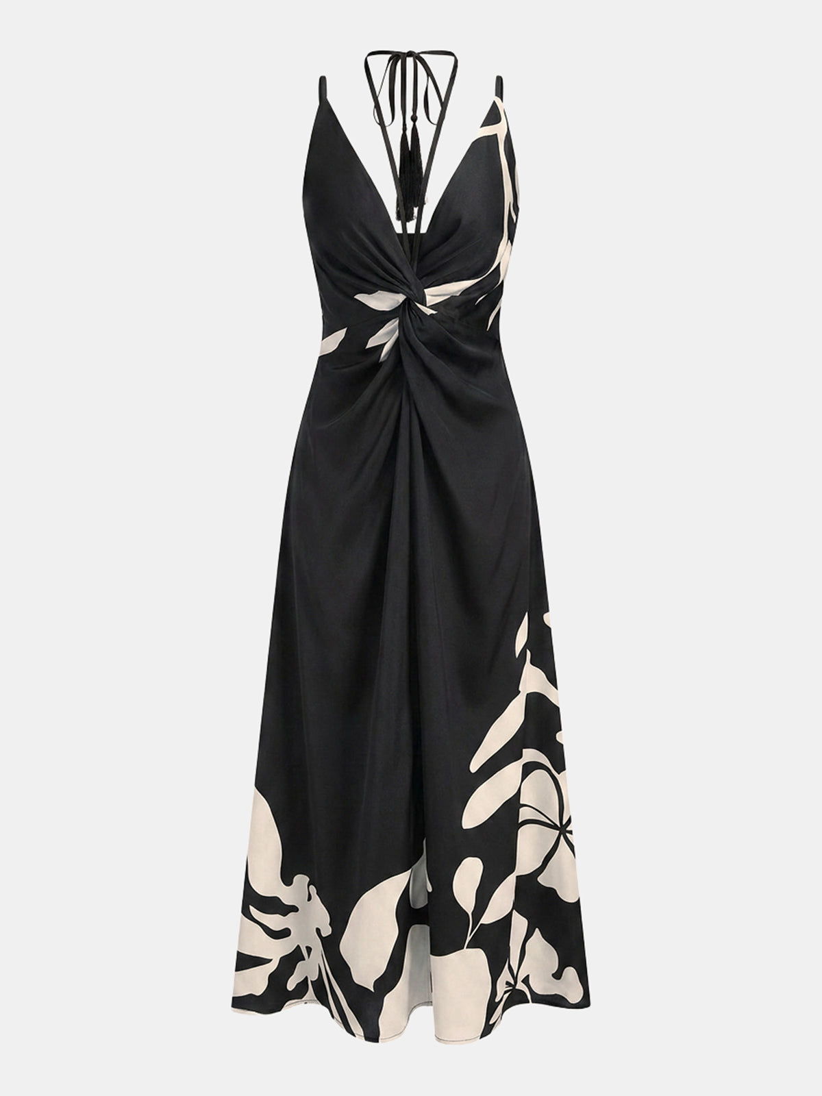 Tassel Detail Twist-Front Floral Print Maxi Dress
