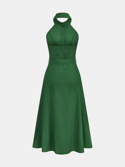 Belted Cotton Linen Halter Shirt Maxi Dress