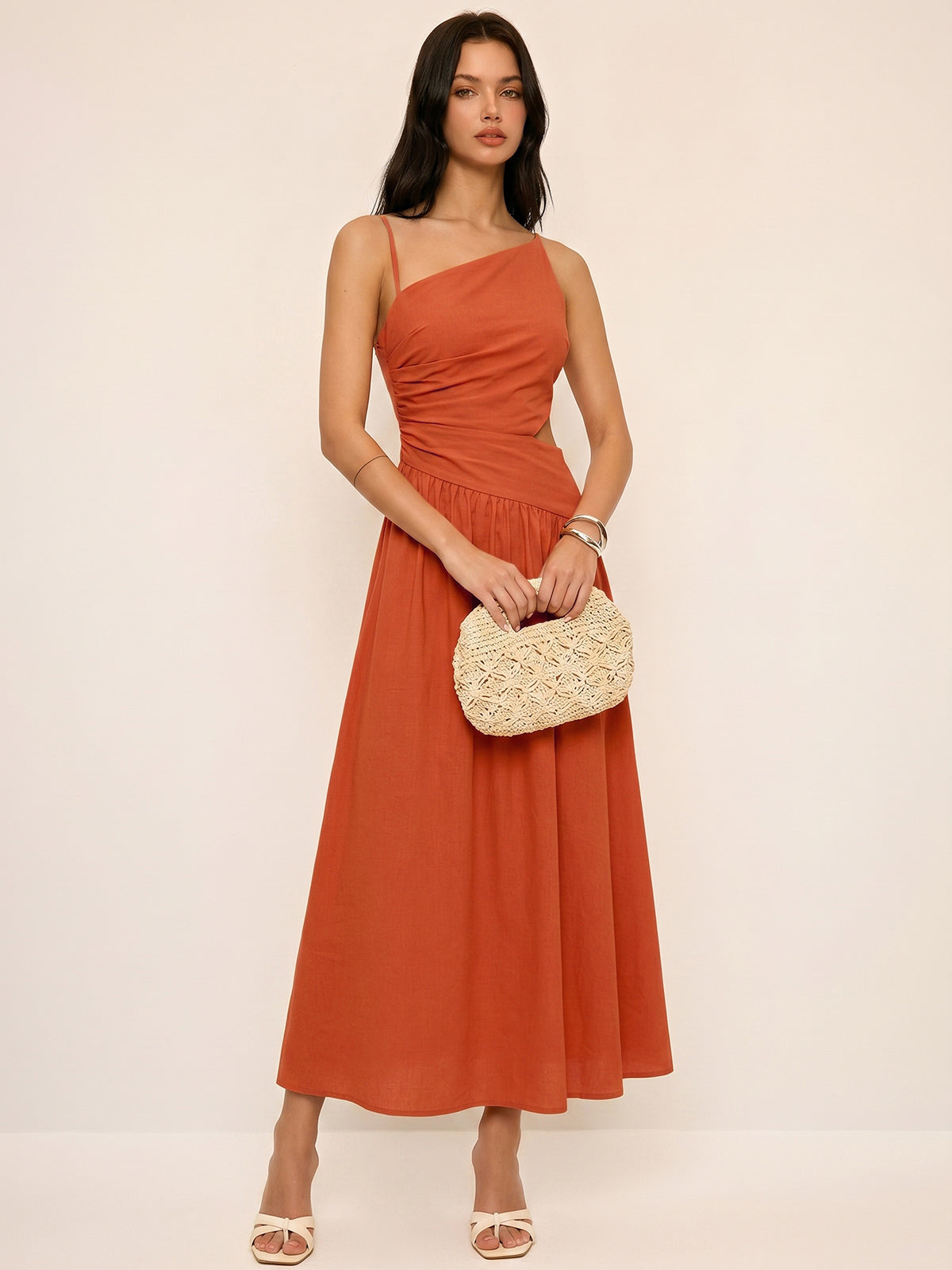 Striped Cut-Out Asymmetric Cami Maxi Dress