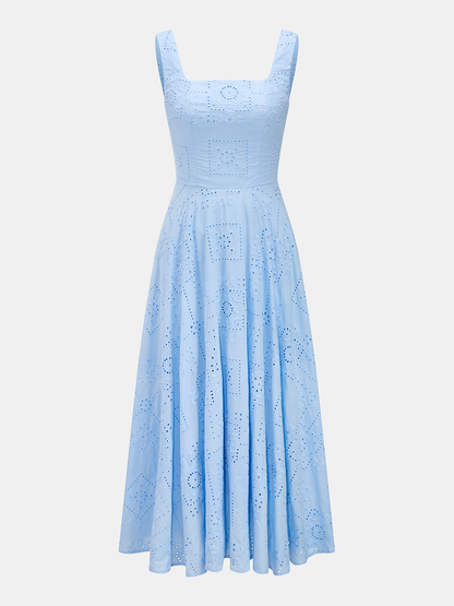 Square Neck Cotton Eyelet Embroidery Maxi Dress