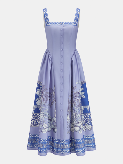 Tropical Print Square Neck Backless Maxi Dress