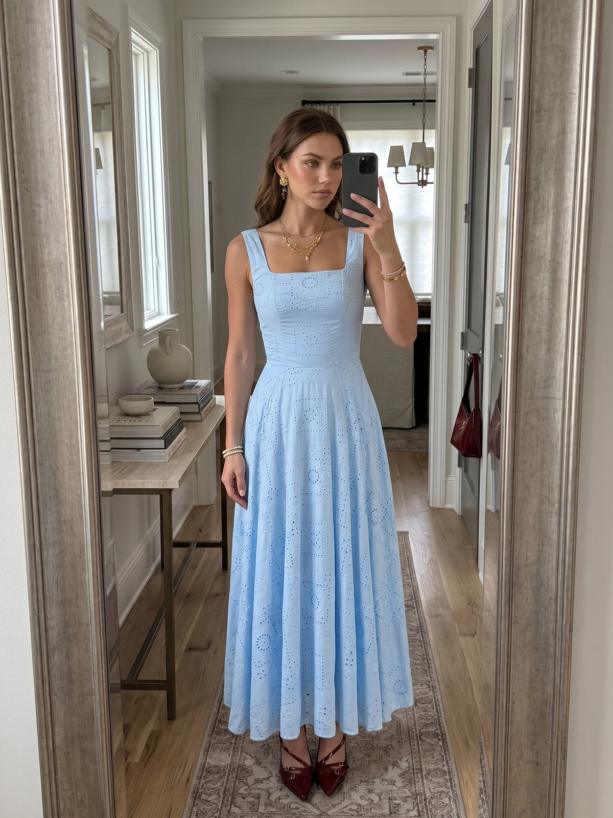 Square Neck Cotton Eyelet Embroidery Maxi Dress