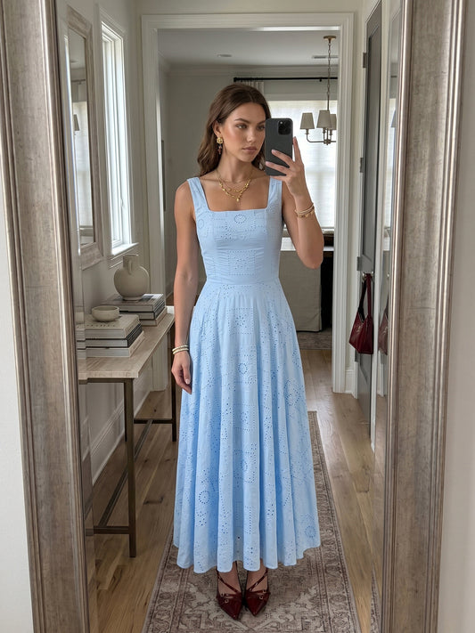 Square Neck Cotton Eyelet Embroidery Maxi Dress