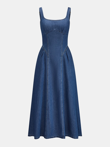 Square Neck Gathered Seam Denim Maxi Dress