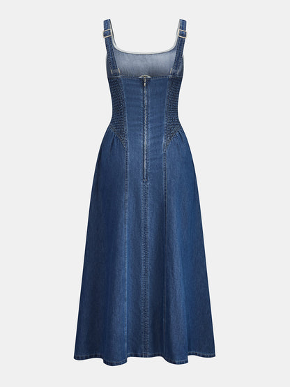 Square Neck Gathered Seam Denim Maxi Dress