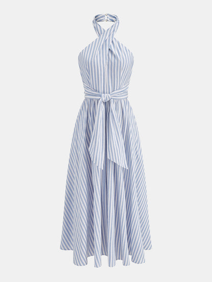 Striped Halter Tie-Waist Maxi Dress