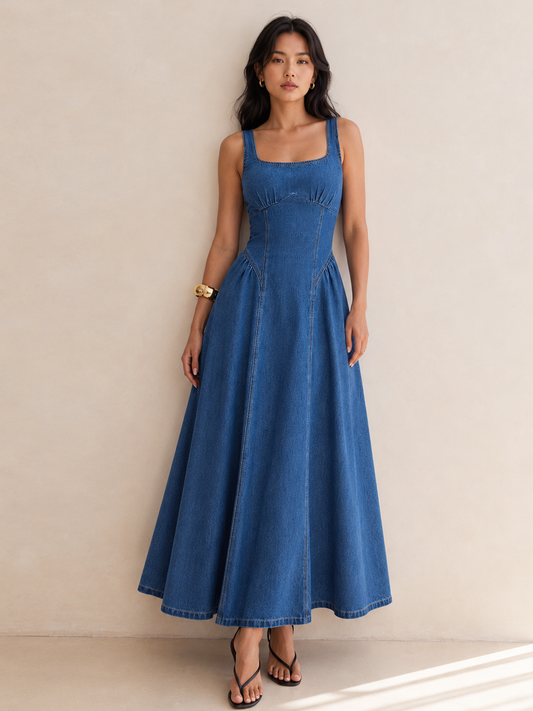 Square Neck Gathered Seam Denim Maxi Dress