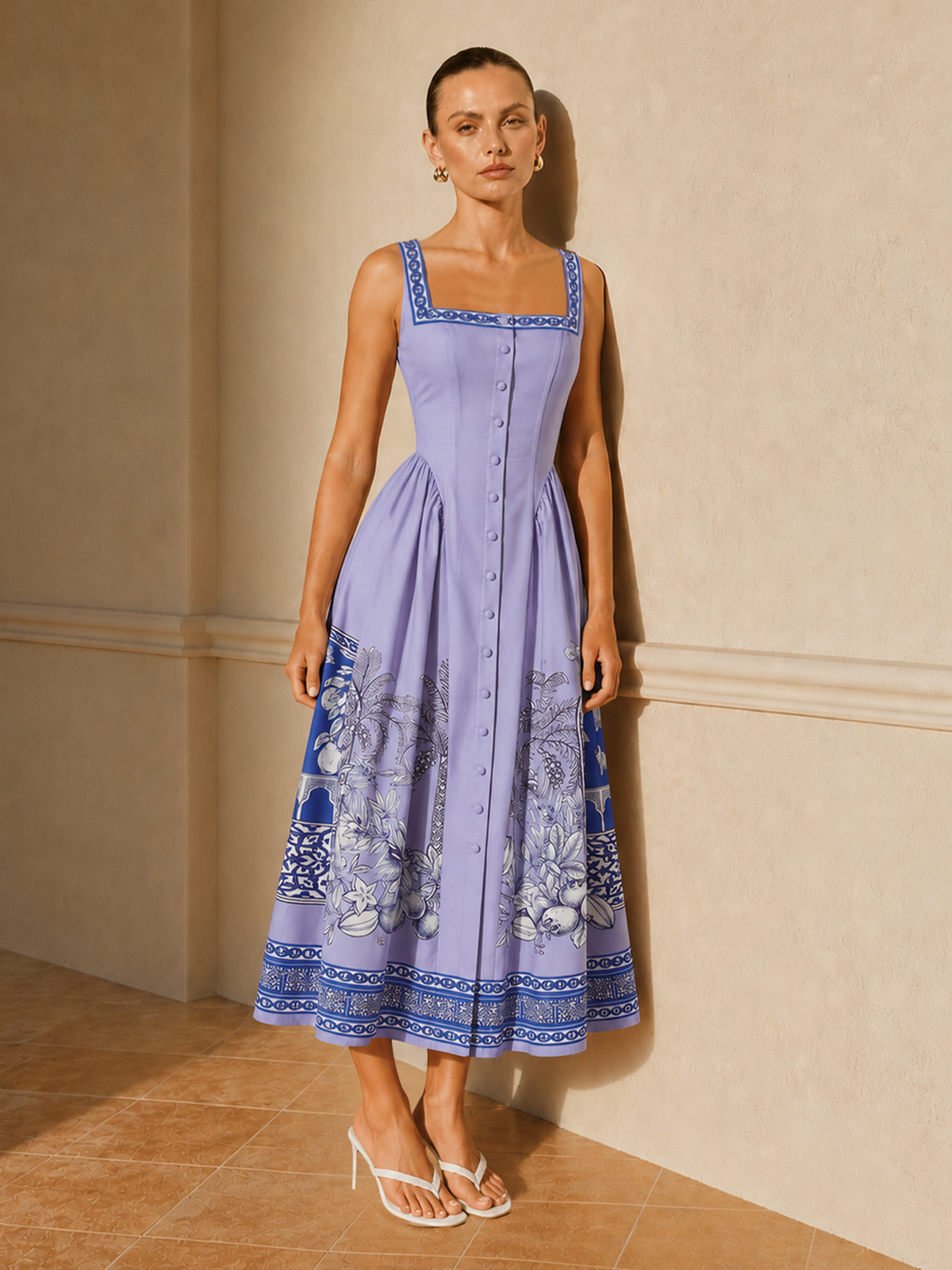 Tropical Print Square Neck Backless Maxi Dress