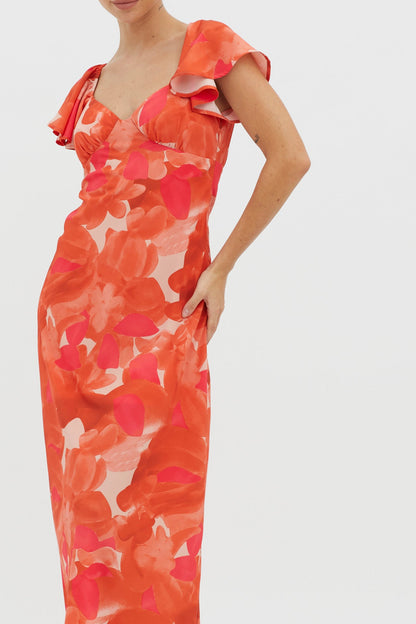 Park Avenue Flutter Sleeve Midi Dress Abstract Orange
