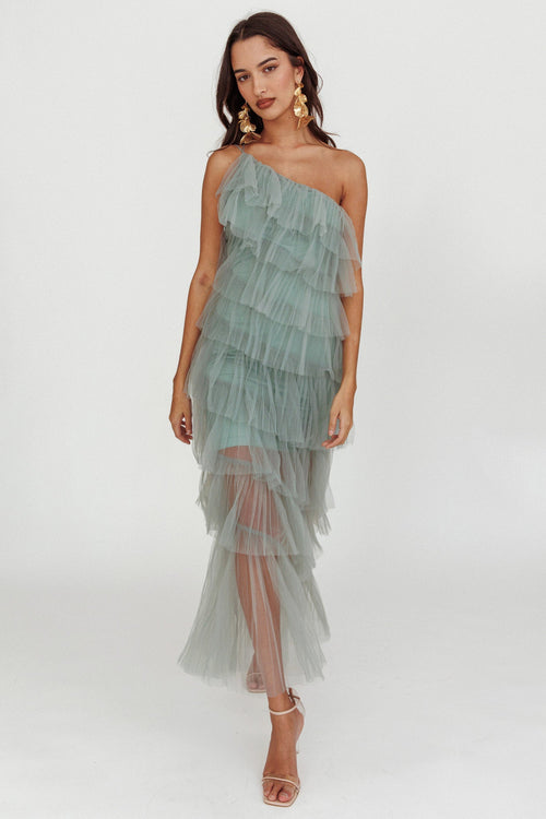 Arrabel Tiered Ruffle Tulle Maxi Dress Sage