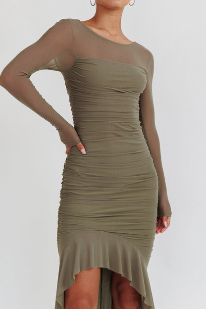 Jozelle Long Sleeve Ruched Maxi Dress Olive