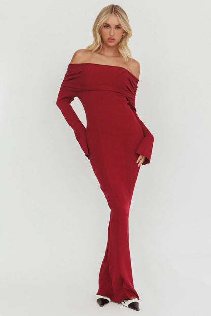 Aloura Off-Shoulder Ribbed Knit Maxi Dress Wine