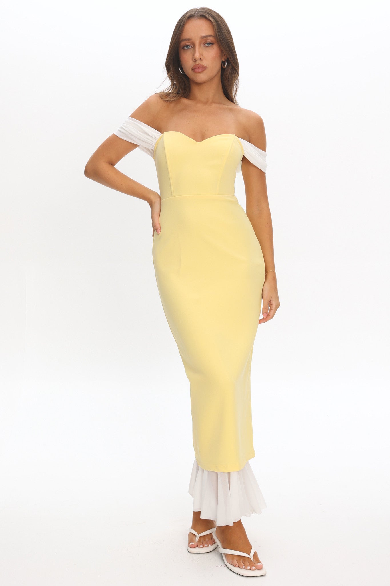 Freesia Off Shoulder Bodycon Midi Dress Lemon