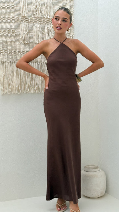 Chiara Linen Maxi Dress - Chocolate