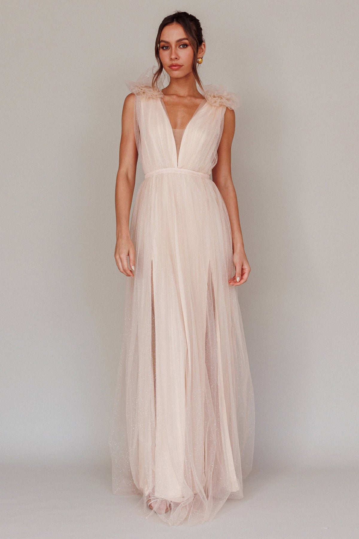 Ludivine Shoulder Accent Mesh Midi Dress Glitter Champagne