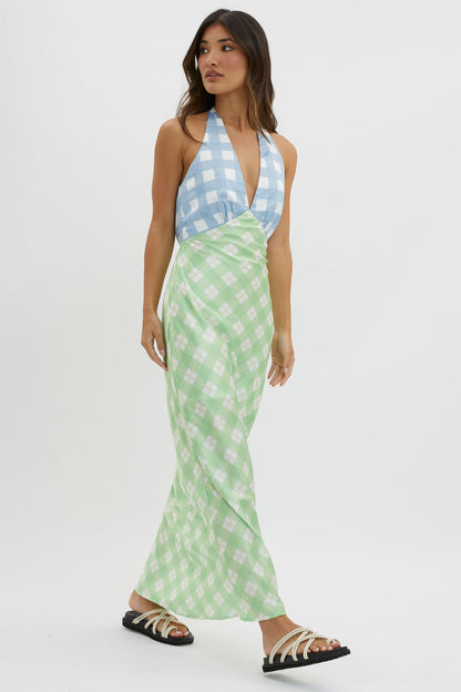 Lavara Halterneck Maxi Dress Checker Green