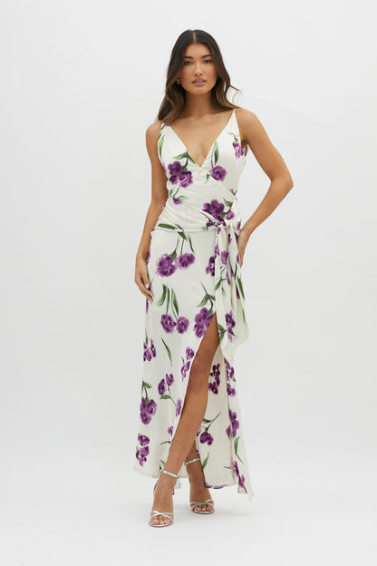 Corinna Tied Waist Split Dress Floral Purple