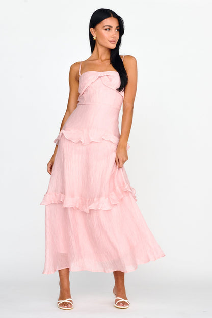 Rise & Glow Frill Trim Textured Midi Dress Blush
