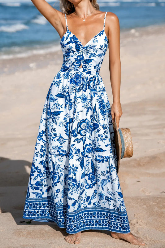 Floral Print Twisted Front Cutout Maxi Dress